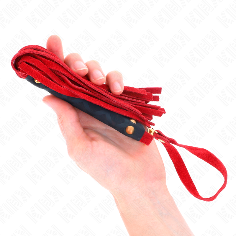Mini frusta in camoscio rosso KINK, 30 cm, con impugnatura in pelle, ideale per giochi di ruolo e stimolazione sensoriale.