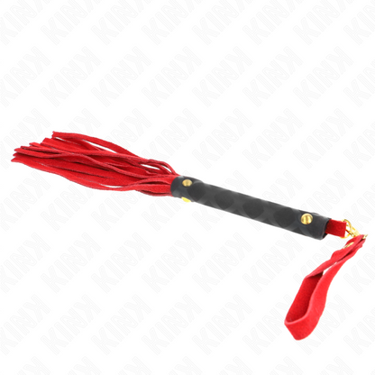 Mini frusta in camoscio rosso KINK, lunghezza 30 cm, con dettagli in pelle, ideale per giochi di ruolo e stimolazione sensoriale.