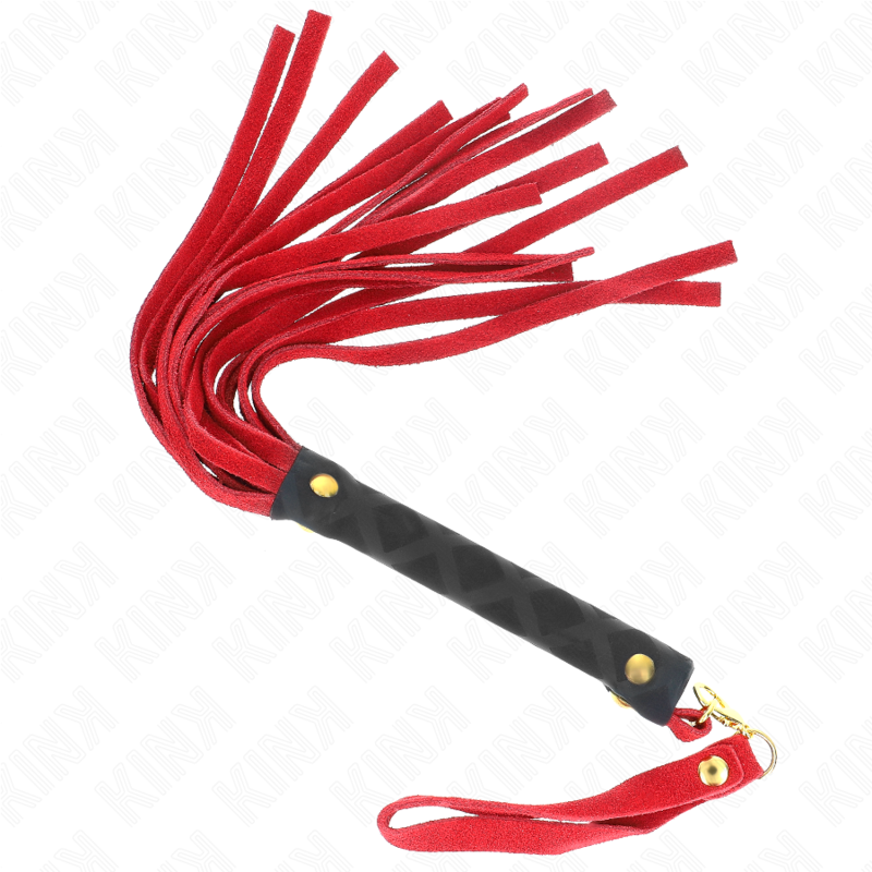 Frusta in camoscio rosso KINK IMPACT & TOUCH, 30 cm, con impugnatura in pelle e frusta morbida e flessibile.