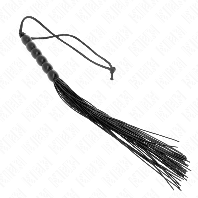 Frusta in silicone KINK con 6 perline nere, lunga 26 cm, impact e touch, dettagli visivi della frusta e delle perline nere.