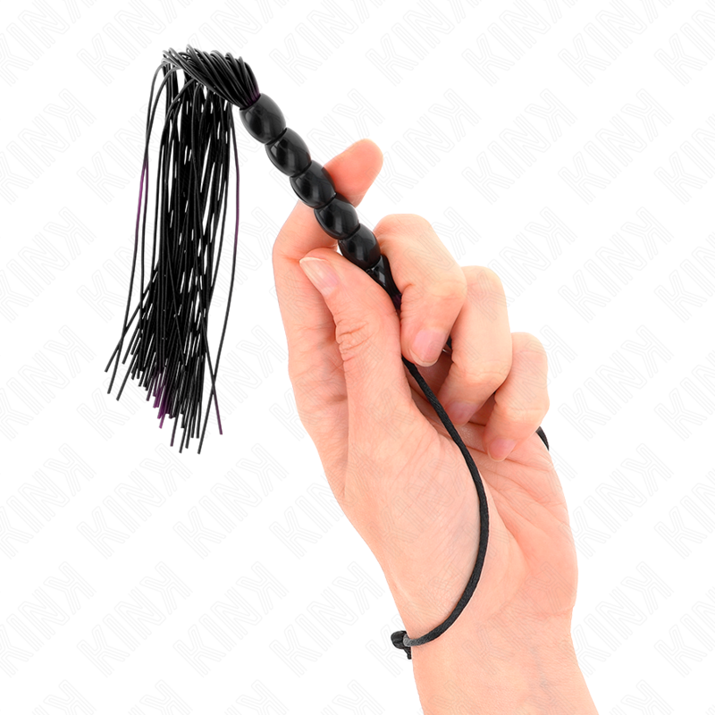 Frusta in silicone KINK con 6 perline nere, lunga 26 cm, ideale per giochi di ruolo e stimolazione sensoriale.