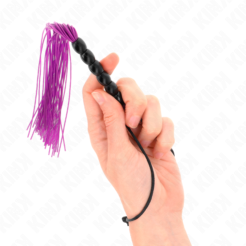Frusta in silicone KINK Impact & Touch con 6 perline viola, lunga 26 cm, con impugnatura ergonomica e dettagli colorati.