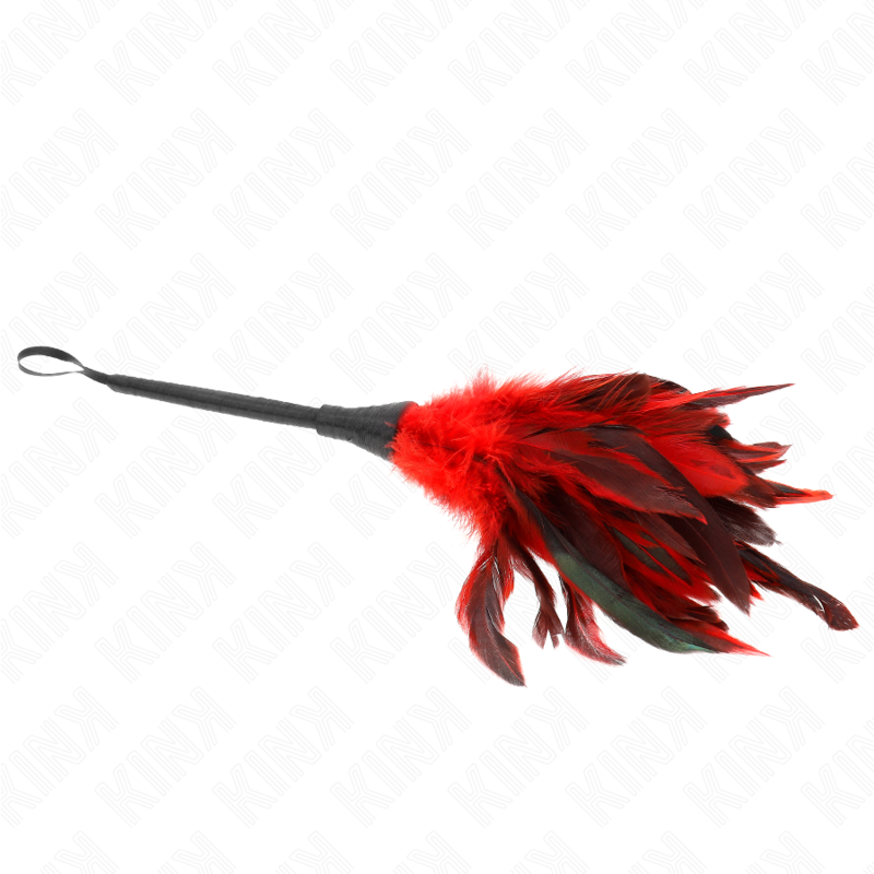 Piume di pollo rosse sollevate a forma di corno, lunghezza 36 cm, brand KINK Impact & Touch, decorazione originale.
