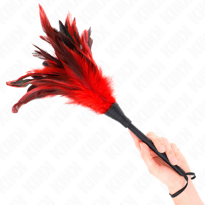Piume di pollo rosse a forma di corno, lunga 36 cm, marca KINK Impact & Touch, decorazione originale e colorata.