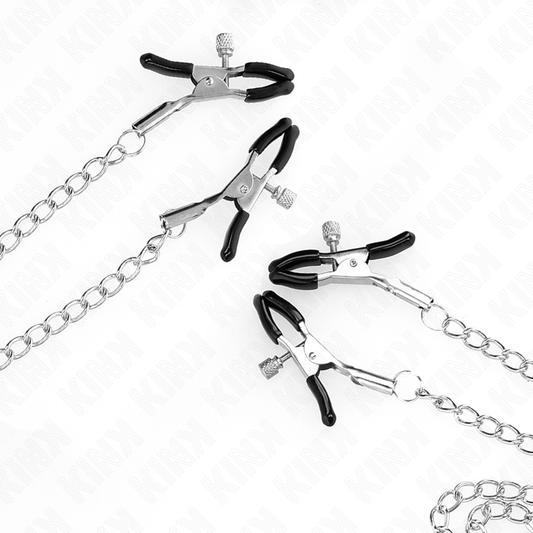 Morsetti regolabili argento per capezzoli e clitoride, prodotto KINK NIPPLE GRIP, con dettagli metallici e design resistente.