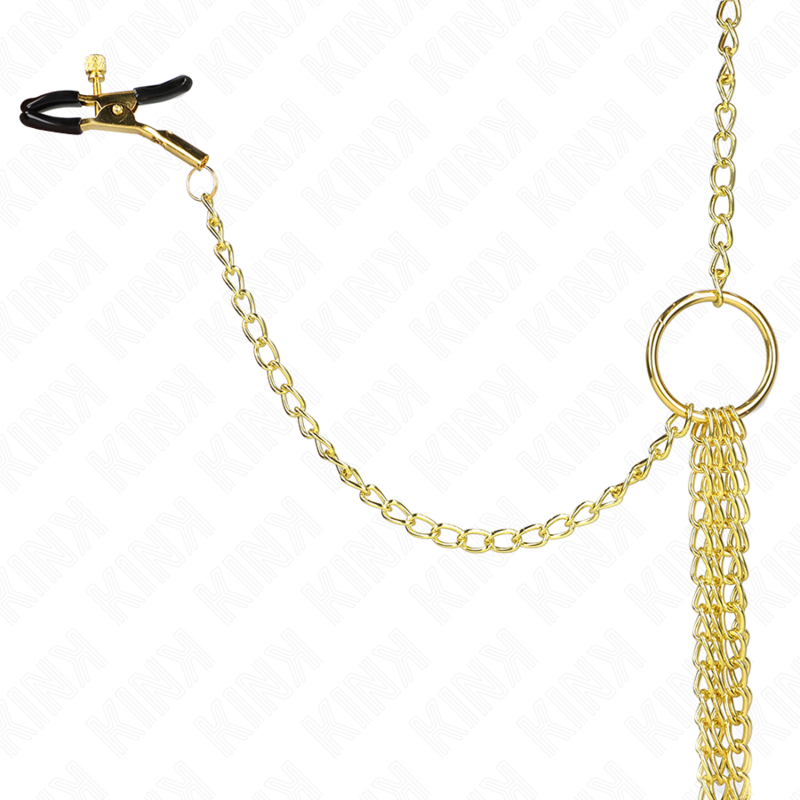 Morsetti regolabili oro per capezzoli e clitoride, marchio KINK NIPPLE GRIP, mostrati in primo piano in immagine.