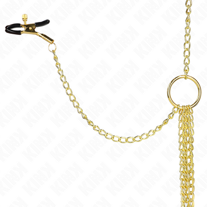 Morsetti regolabili oro per capezzoli e clitoride, marchio KINK NIPPLE GRIP, mostrati in primo piano in immagine.