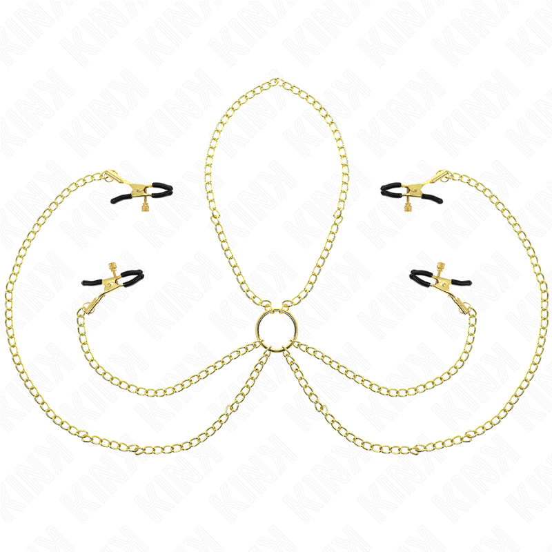 Morsetti regolabili KINK NIPPLE GRIP per capezzoli e clitoride in colore oro, cinturino in acciaio per stimolazione e piacere.