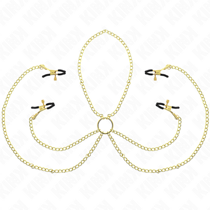 Morsetti regolabili KINK NIPPLE GRIP per capezzoli e clitoride in colore oro, cinturino in acciaio per stimolazione e piacere.