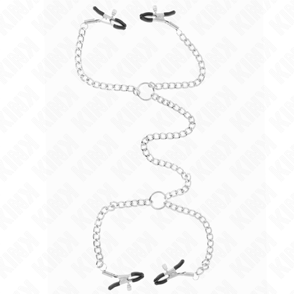 Morsetti per capezzoli KINK NIPPLE GRIP con 4 catene da 32 cm e catene da 14 cm, mostra le catene e i morsetti metallici.