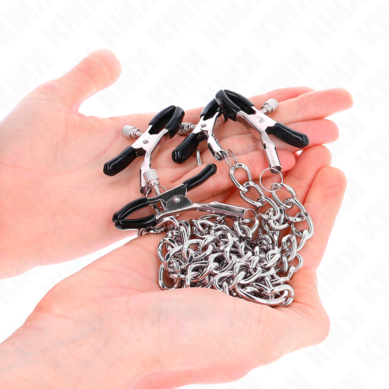 Morsetti per capezzoli KINK NIPPLE GRIP con 4 catene lunghe 32 cm e catene più corte da 14 cm, in acciaio di alta qualità.