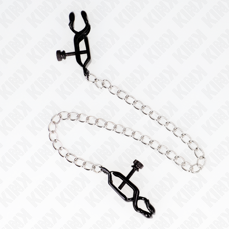 Morsetti per capezzoli KINK NIPPLE GRIP in catena piatta argentata lunga 30 cm, mostrati aperti e pronti all'uso