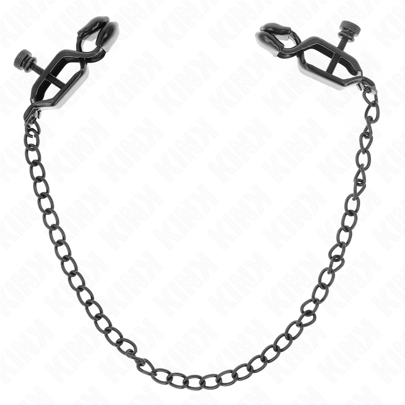 Morsetti per capezzoli a catena piatta nera KINK NIPPLE GRIP, lunghezza 30 cm, visibili in primo piano sull'immagine.