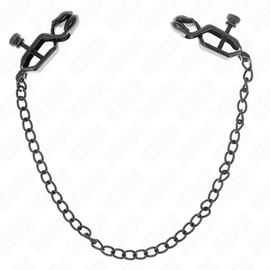 Morsetti per capezzoli a catena piatta nera KINK NIPPLE GRIP, lunghezza 30 cm, visibili in primo piano sull'immagine.