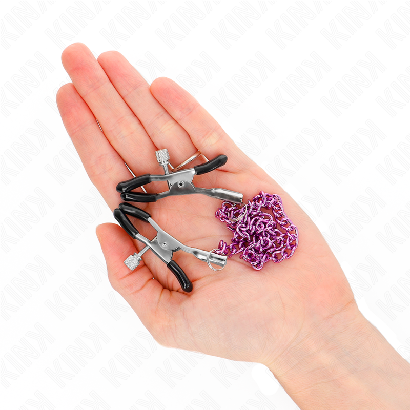 Morsetti per capezzoli KINK NIPPLE GRIP, catena viola da 30 cm, con anelli e dettagli in metallo, per giochi di intimità.