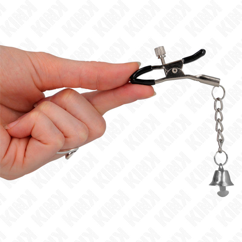 Morsetti per capezzoli KINK NIPPLE GRIP con ciondolo campanella in argento, lunghezza 6 cm, dettagli eleganti e raffinati
