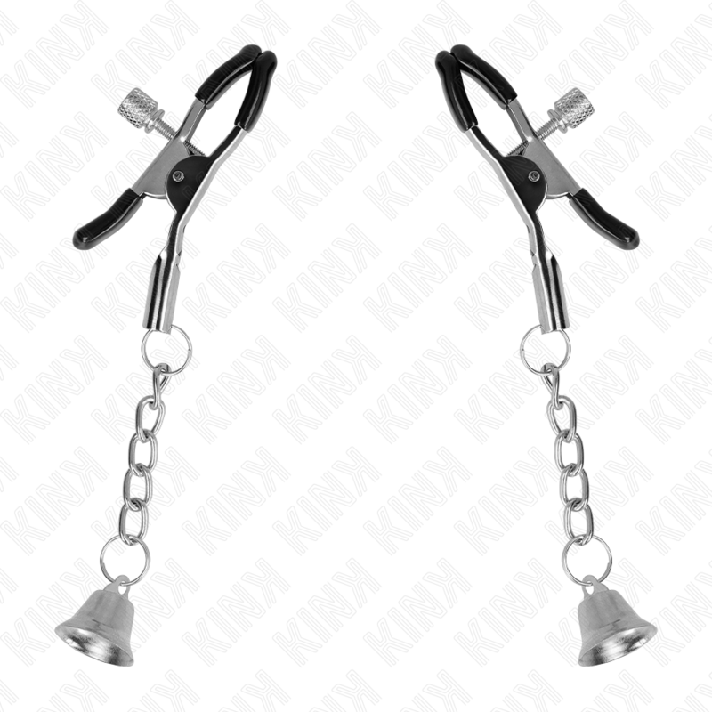 Morsetti per capezzoli KINK NIPPLE GRIP con ciondolo campanella in argento, lunghezza 6 cm, dettagli eleganti e raffinati