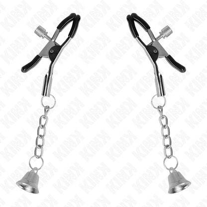 Morsetti per capezzoli KINK NIPPLE GRIP con ciondolo campanella in argento, lunghezza 6 cm, dettagli eleganti e raffinati