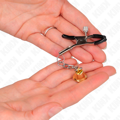Morsetti per capezzoli KINK NIPPLE GRIP con pendente campanella in oro da 6 cm, accessorio erotico per gioco di ruolo.