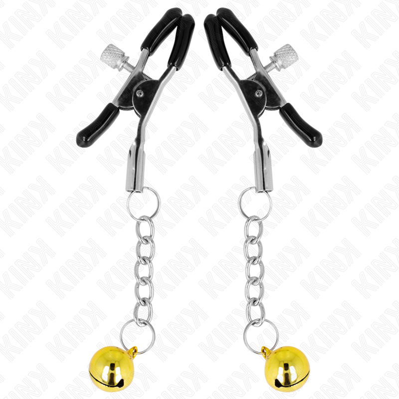 Morsetti per capezzoli KINK NIPPLE GRIP con pendente Jingle Bell oro da 6 cm, mostrati in dettaglio.