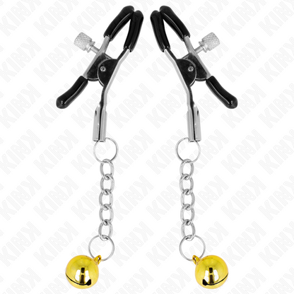 Morsetti per capezzoli KINK NIPPLE GRIP con pendente Jingle Bell oro da 6 cm, mostrati in dettaglio.