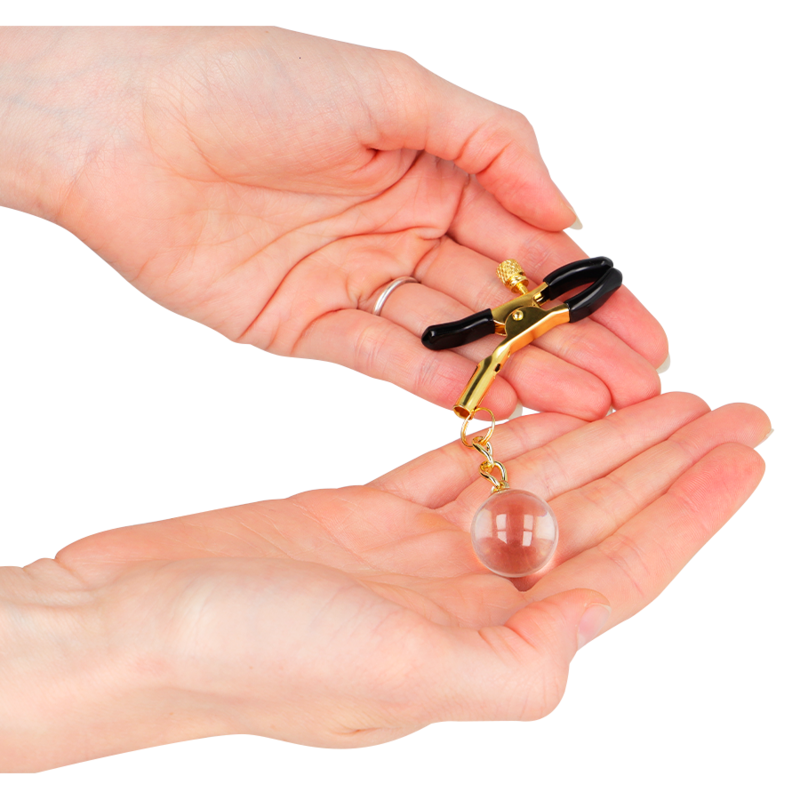 Morsetti per capezzoli KINK NIPPLE GRIP con perline di vetro oro, misura 6 cm, dettagli eleganti per stimolazione e decorazione.