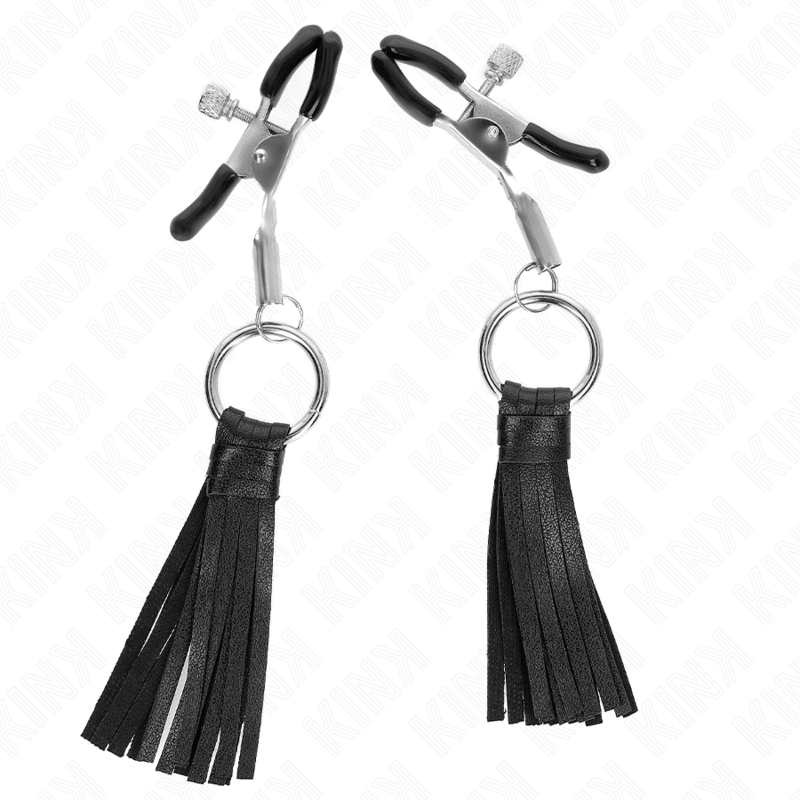 Morsetti per capezzoli KINK NIPPLE GRIP in similpelle con nappine, lunghezza 6 cm, visibili in primo piano.