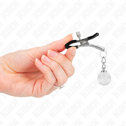 Morsetti per capezzoli KINK NIPPLE GRIP con perline di vetro argentate, lunghezza 6 cm, dettagli eleganti e raffinati.