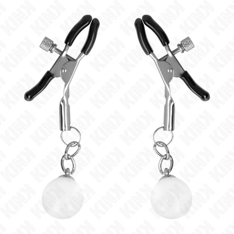 Morsetti per capezzoli KINK NIPPLE GRIP in perline di vetro argento, 6 cm, mostrati in dettaglio su sfondo neutro.