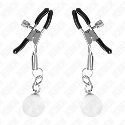 Morsetti per capezzoli KINK NIPPLE GRIP in perline di vetro argento, 6 cm, mostrati in dettaglio su sfondo neutro.