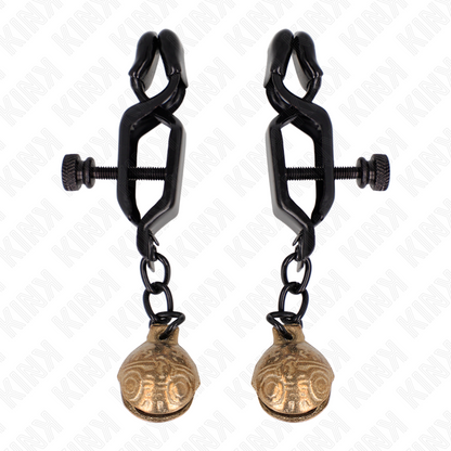 Morsetti per capezzoli KINK NIPPLE GRIP stile Bell Jaw nero, lunghezza 7 cm, con dettagli in metallo e design robusto.
