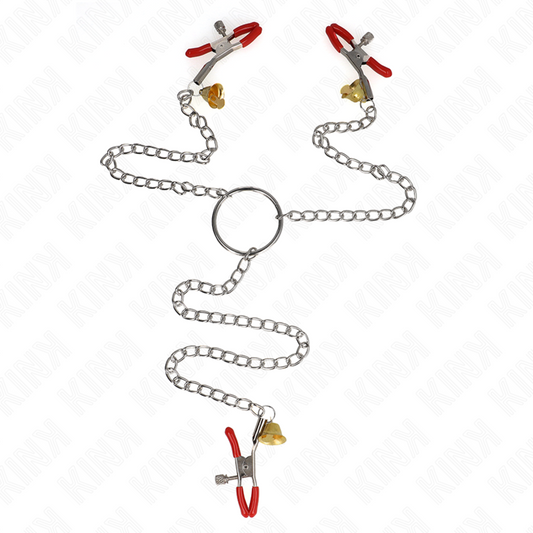 Morsetti per capezzoli tripli e clit rosso con catena di 30 cm, marca KINK NIPPLE GRIP, mostra morse e catena rossa.