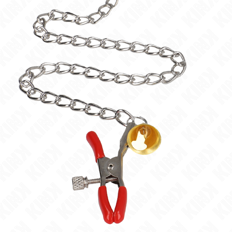 Morsetti per capezzoli tripli e clit rosso con catena di 30 cm, marchio KINK NIPPLE GRIP, visibili nella immagine.