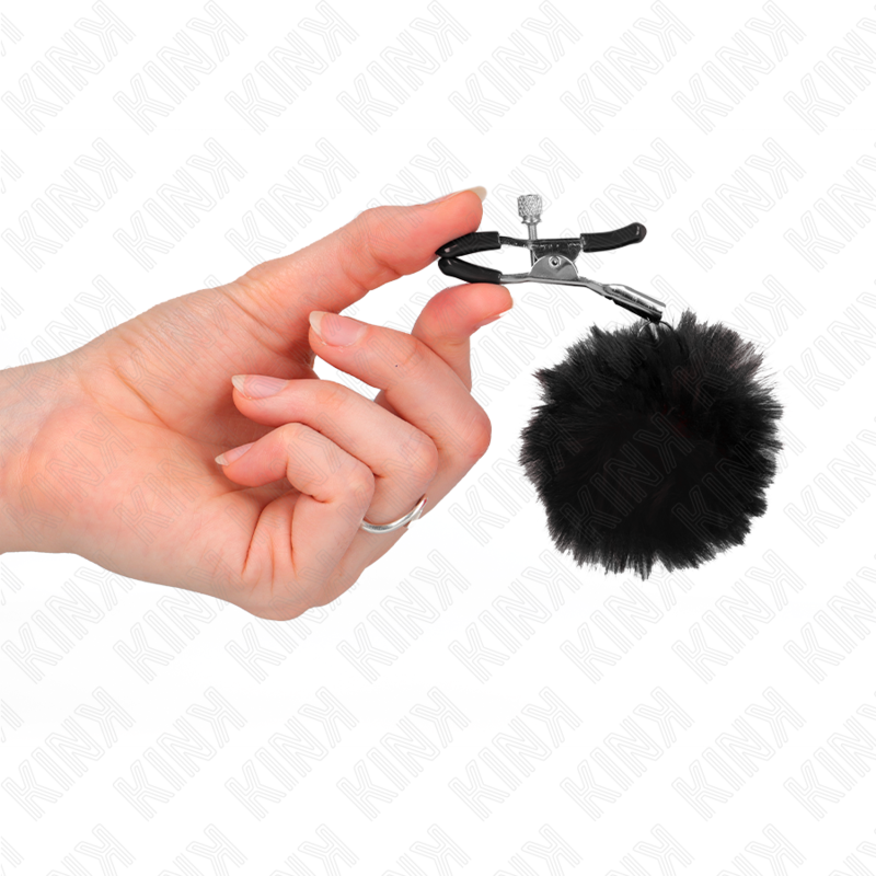 Morsetto KINK NIPPLE GRIP con sfera in ecopelliccia nera da 6 cm, per capezzoli, con decorazione in pelliccia nera.