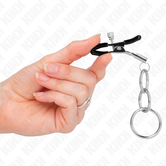 Morsetto per capezzolo KINK NIPPLE GRIP con 3 O-ring da 6 cm, in metallo resistente, per stimolazione e gioco sensuale.