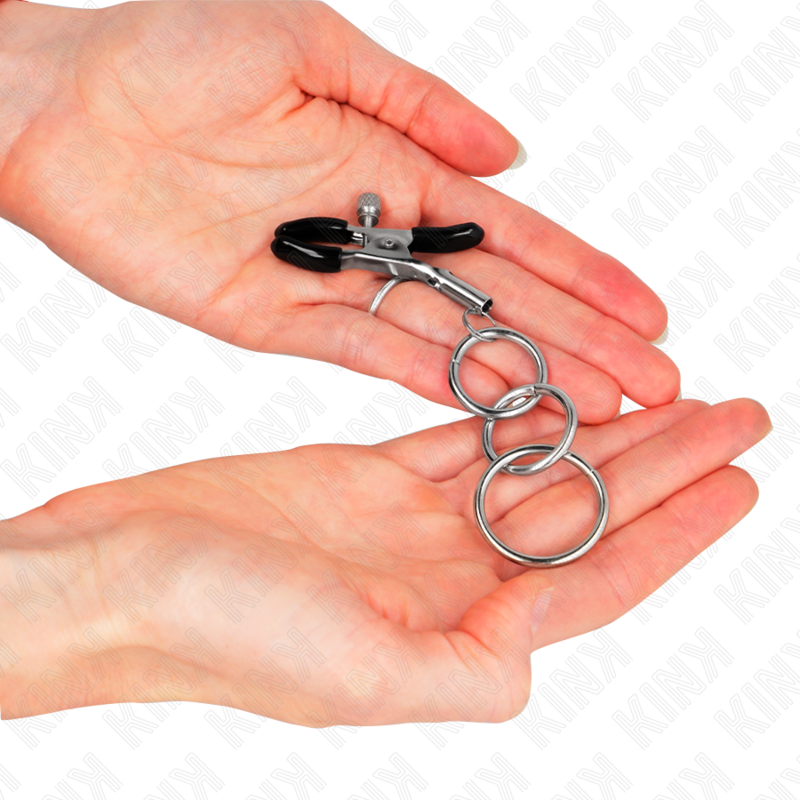 Morso per capezzolo KINK NIPPLE GRIP con 3 O-ring da 6 cm, in acciaio, per giochi di bondage e stimolazione sensuale
