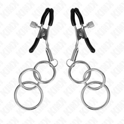 Morsetto per capezzolo KINK NIPPLE GRIP con 3 O-ring da 6 cm, argento, per stimolazione e bondage.