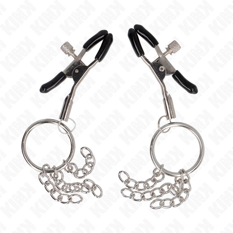 Morso per capezzoli KINK NIPPLE GRIP in argento con anello e catenella, lunghezza 6 cm, dettaglio di gioielleria BDSM.