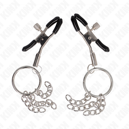Morso per capezzoli KINK NIPPLE GRIP in argento con anello e catenella, lunghezza 6 cm, dettaglio di gioielleria BDSM.