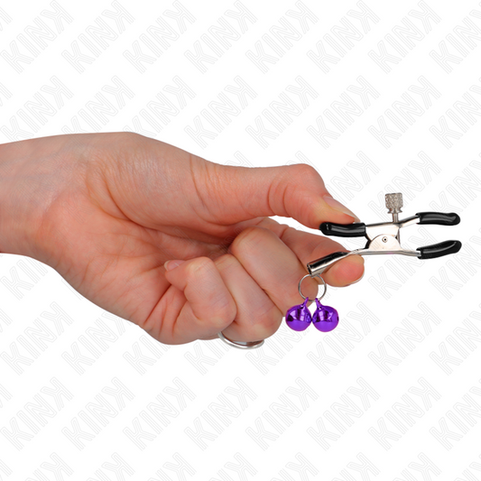 Pinza per capezzoli doppia viola KINK NIPPLE GRIP, lunghezza 6 cm, con impugnatura in metallo e design a doppia morsa.