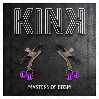 Pinza per capezzoli KINK NIPPLE GRIP doppia viola, lunghezza 6 cm, con manici in metallo e design doppio per stimolazione.