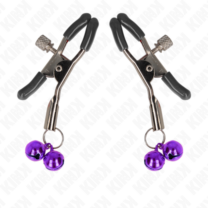 Pinza per capezzoli doppia viola KINK NIPPLE GRIP, lunghezza 6 cm, con impugnatura resistente e design colorato.