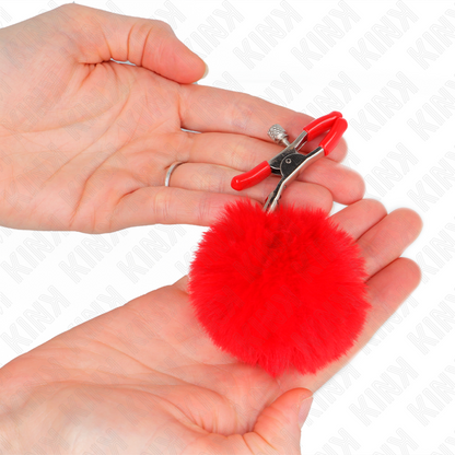 Pinza per capezzoli KINK NIPPLE GRIP con sfera in ecopelle rossa, lunghezza 6 cm, dettaglio di accessorio per giochi erotici