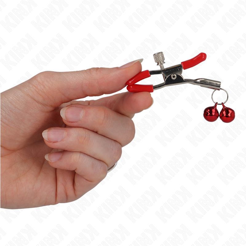 Pinza per capezzoli doppia campana rossa KINK Nipple Grip, 6 cm, mostra le pinze con design a doppia campana rosso brillante.