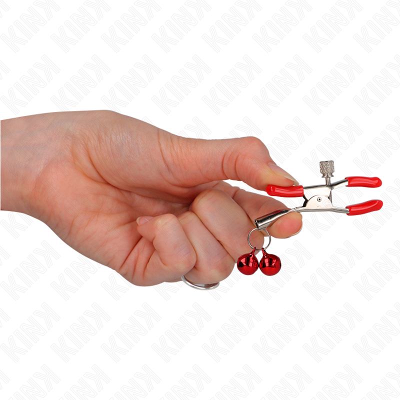 Pinza per capezzoli doppia campana rossa KINK Nipple Grip, lunghezza 6 cm, in acciaio, con dettagli decorativi.