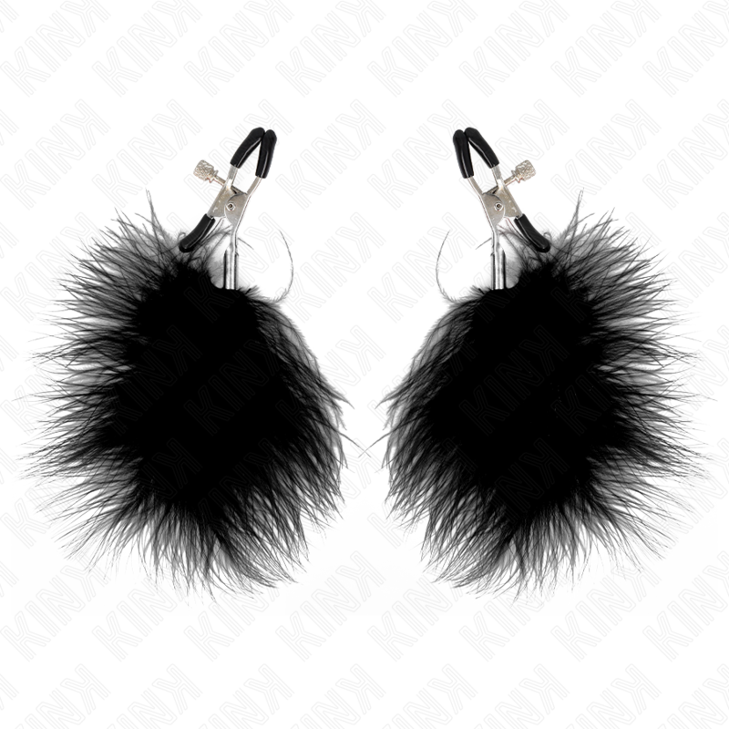 Pinza per capezzoli KINK NIPPLE GRIP in Piuma Nera, lunghezza 7 cm, mostra la pinza con dettagli in metallo e supporto per capezzoli.