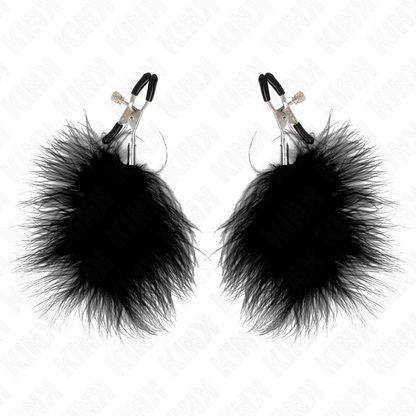 Pinza per capezzoli KINK NIPPLE GRIP in Piuma Nera, lunghezza 7 cm, mostra la pinza con dettagli in metallo e supporto per capezzoli.