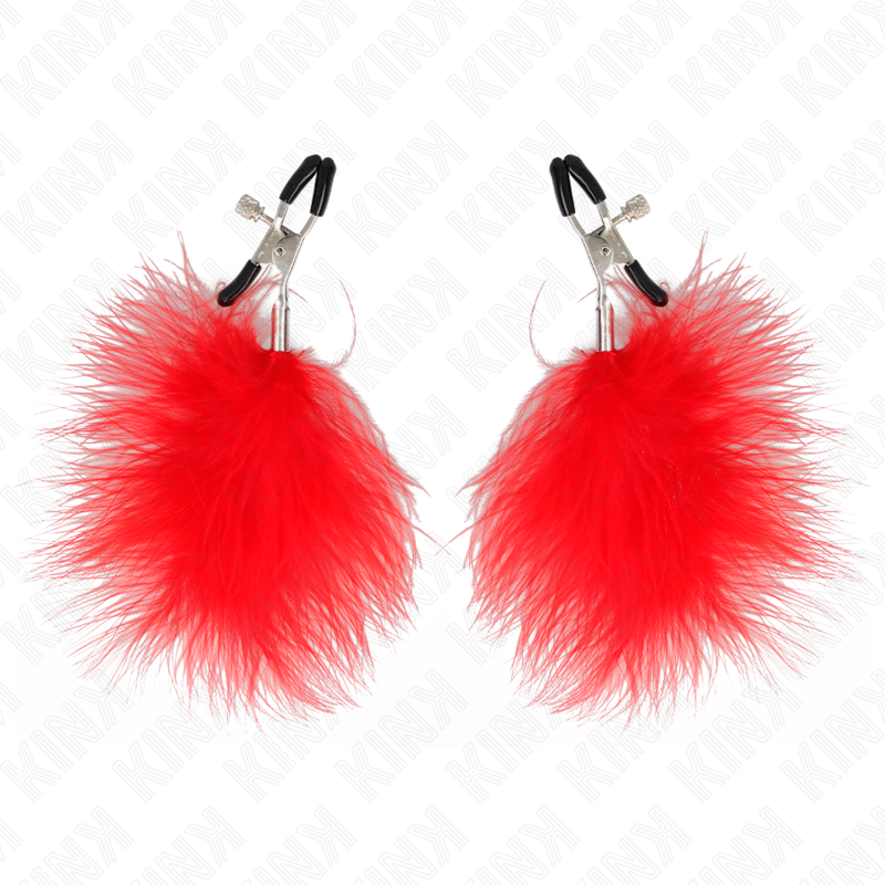 Pinza per capezzoli KINK NIPPLE GRIP Piuma rossa, 7 cm, con design delicato e dettagliata, visibile in primo piano.
