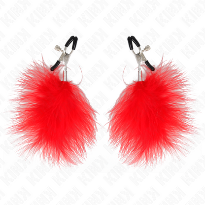 Pinza per capezzoli KINK NIPPLE GRIP Piuma rossa, 7 cm, con design delicato e dettagliata, visibile in primo piano.
