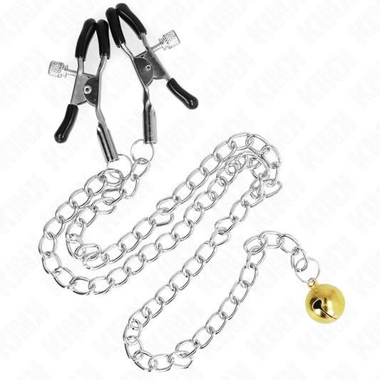 Pinze per capezzetti a catena KINK NIPPLE GRIP con campana 30 cm, metallo, per stimolazione sensuale, visibile su immagine.